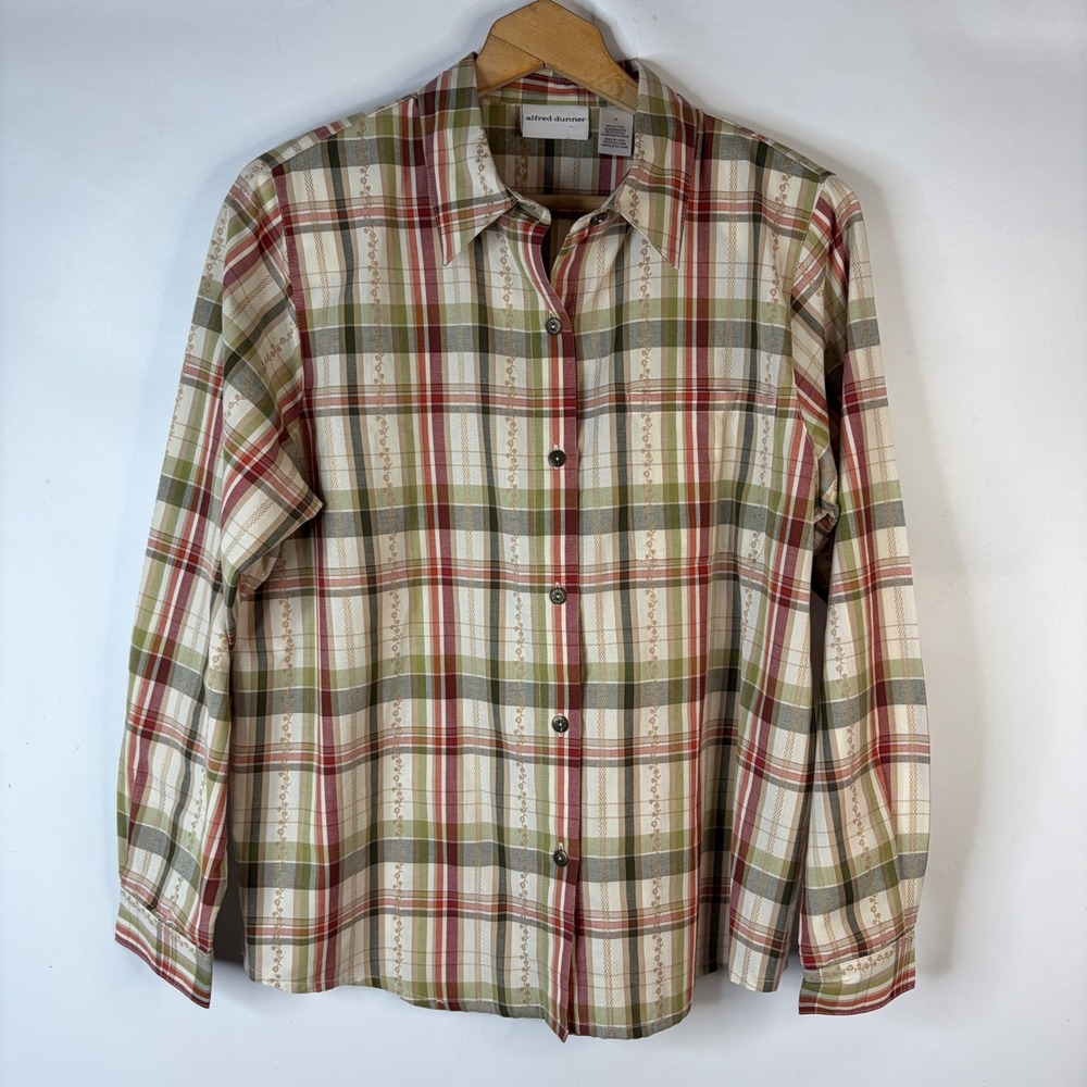 Alfred Dunner Button Down Shirt Womens 14 Green Red Plaid Floral Embroidered